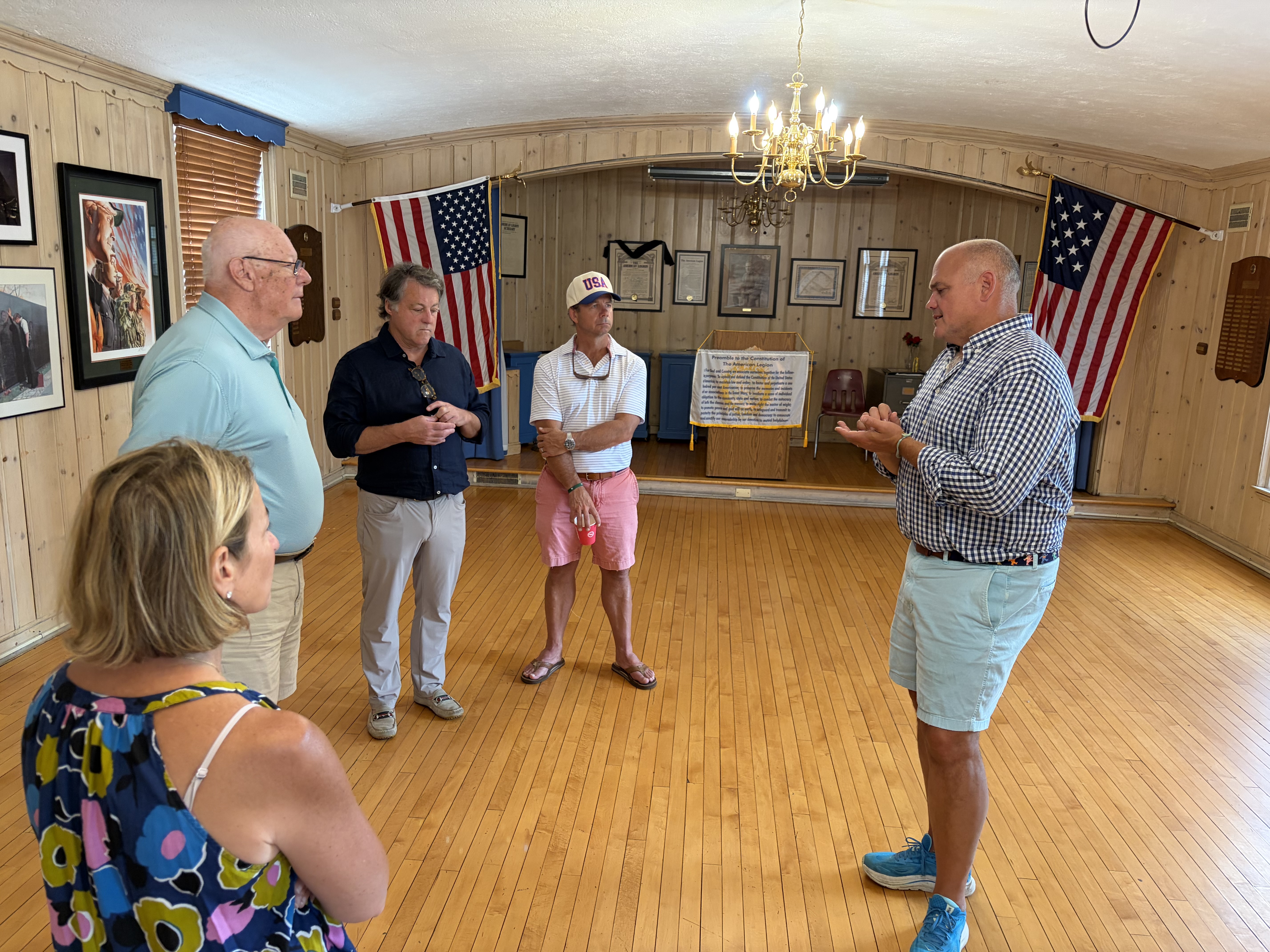 Friends of Lake Forest members in conversation at an American Legion hall