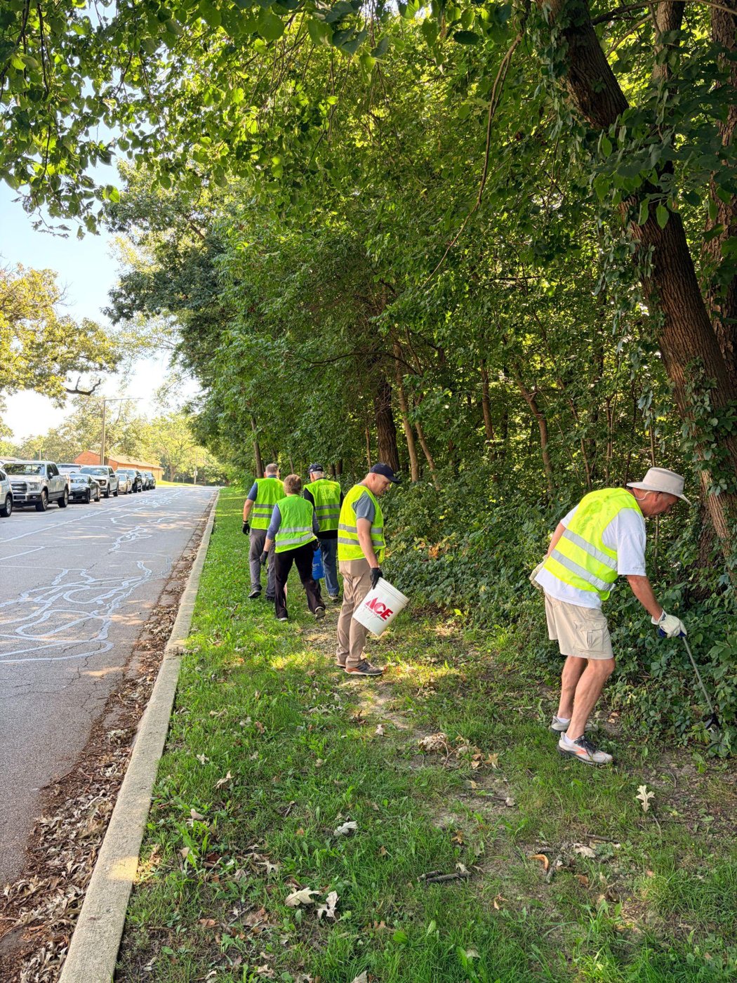 Volunteers in safety vests picking up litter along a tree-lined street